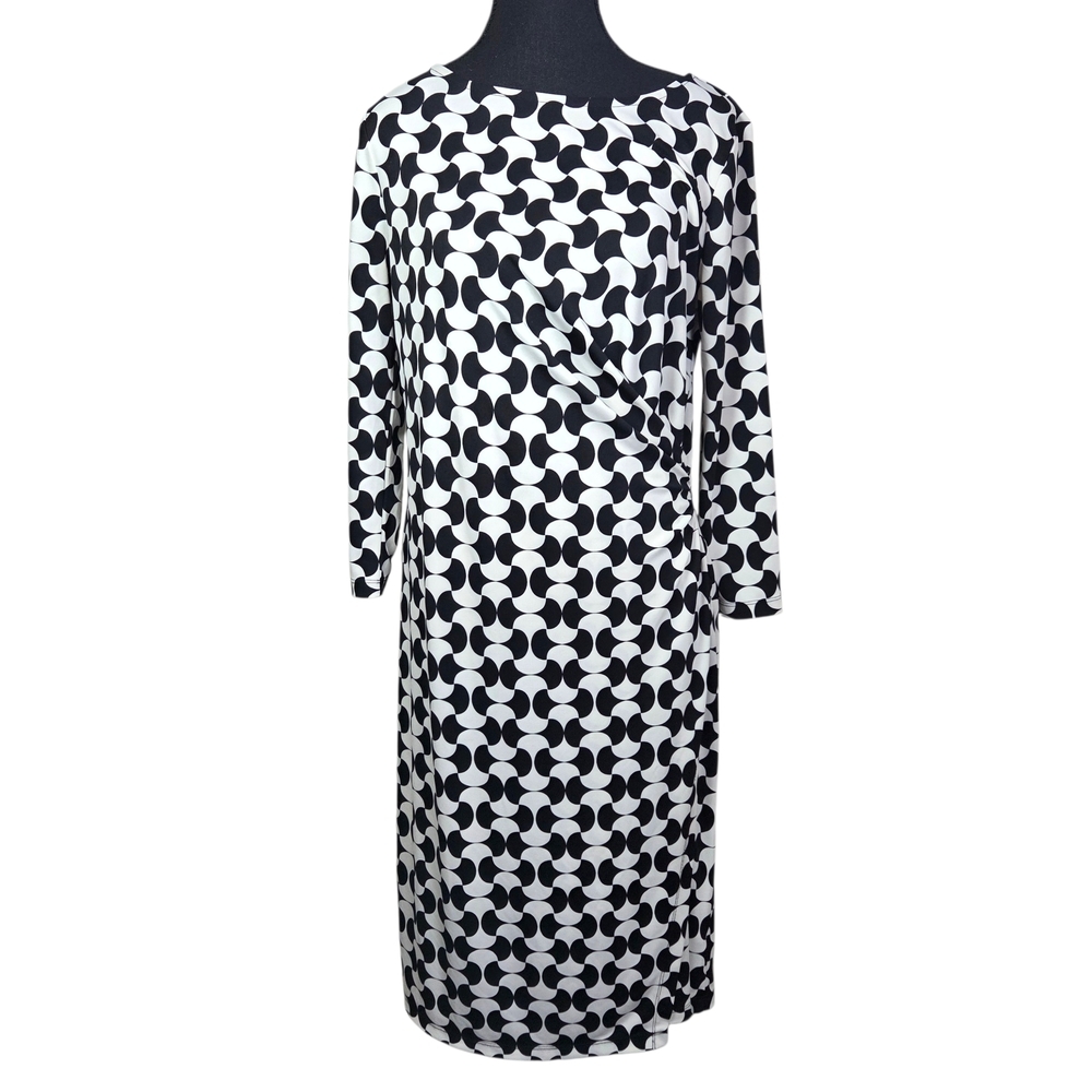 Talbots Geometric Long Sleeve Dress In Black And White Size Med